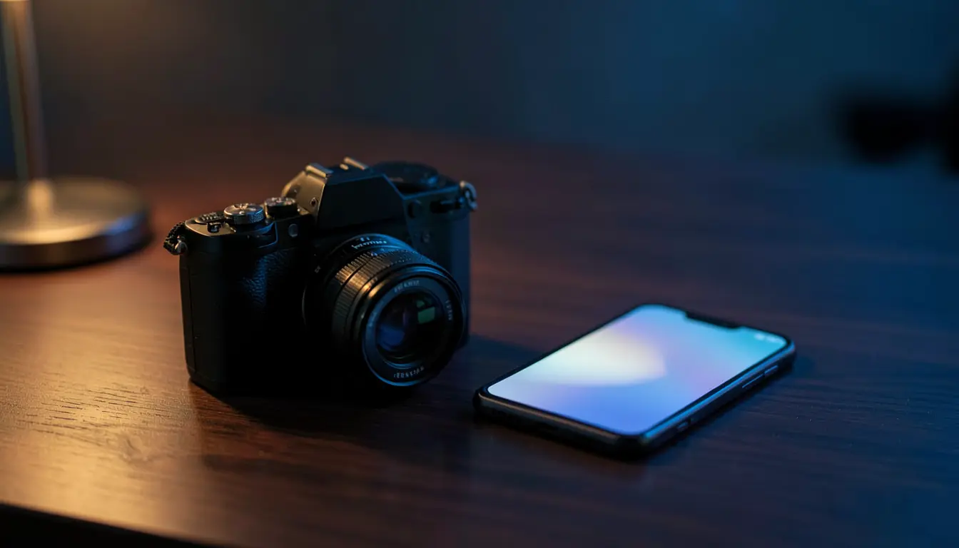 Cámara full frame compacta junto a un iPhone sobre un escritorio